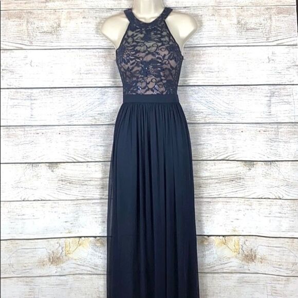 Morgan&Co Navy Blue Chiffon Laces Formal Long 
Dress - Picture 1 of 10